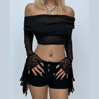Off shoulder long flared sleeve lace top