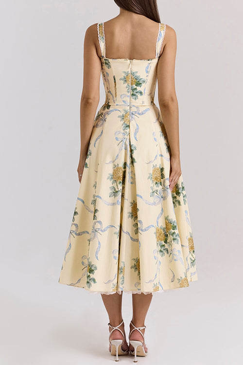 Meridress Lace Trim Drawstring Floral Print Midi Cami Dress