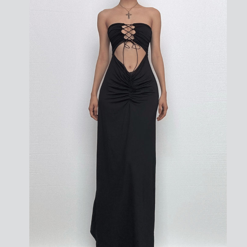 Ruched lace up backless hollow out tube cut out maxi dress