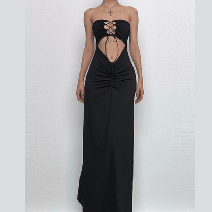 Ruched lace up backless hollow out tube cut out maxi dress