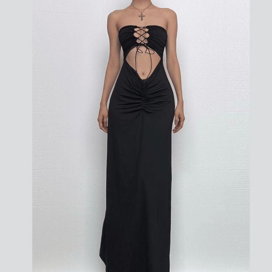 Ruched lace up backless hollow out tube cut out maxi dress