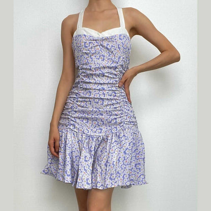 Flower print contrast ruched ruffle halter backless zip-up mini dress-final-sale