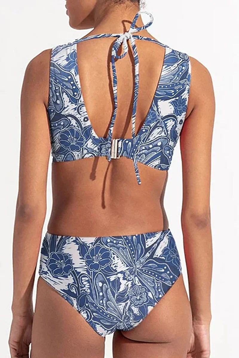 Dragonfly V Neck Cutout Skirted Swimsuit Set