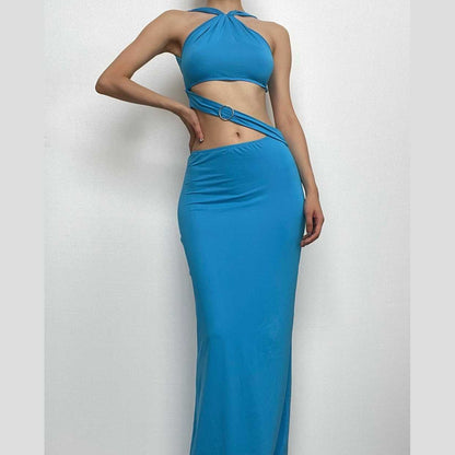 Backless hollow out o ring pearl chain solid cut out maxi dress-final-sale