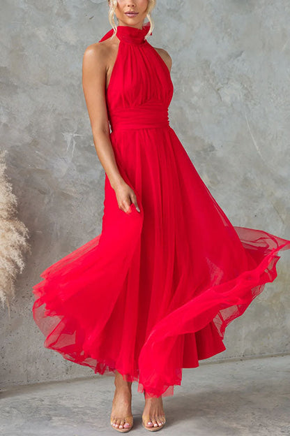 Meridress Bow Knot Halter Open Back Tulle Maxi Dress