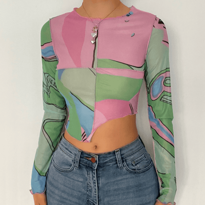 Ruffled see through patchwork irregular long sleeve crop top
