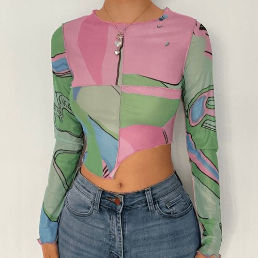 Ruffled see through patchwork irregular long sleeve crop top