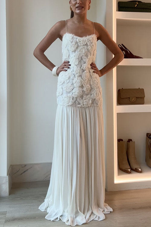 Spaghetti Strap Floral Applique Patchwork Maxi Dress