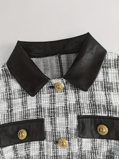 Small Fragrance Tweed Plaid Spliced PU Leather Commuting Mini&Short Dresses