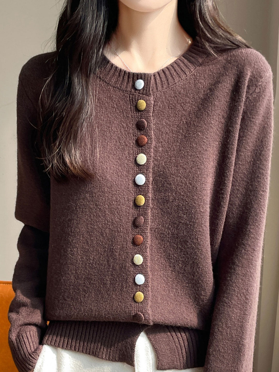 Sophia Classic Crew Neck Colorful Button Knitted Cardigan-Red
