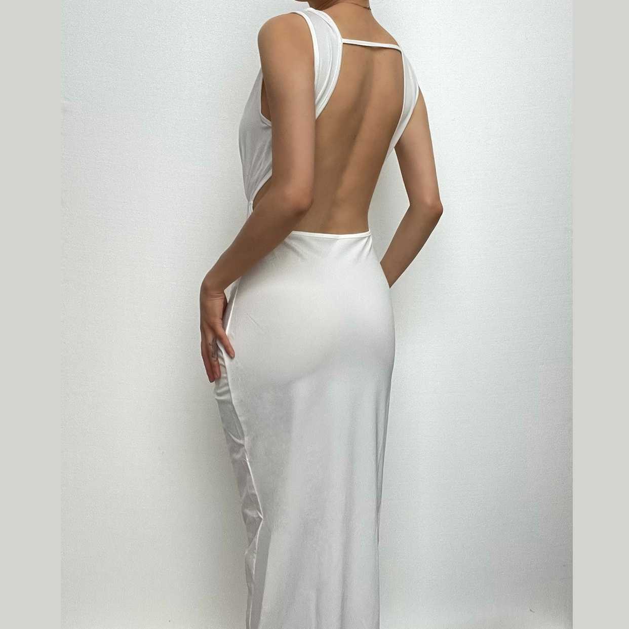 Wide Strap Side Cutout Back Tie Backless Maxi Dress