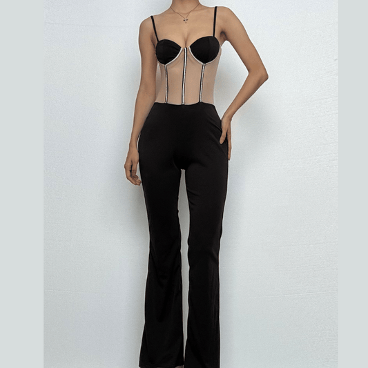 Beaded mesh patchwork cami jumpsuit-final-sale