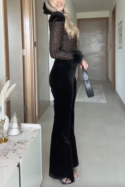 Feather Cuffs Bell Bottom Velvet Splice Jumpsuit