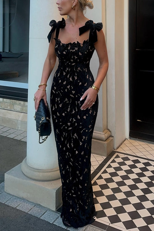 Bow Shoulder Lace Hollow Out Bodycon Maxi Cami Dress