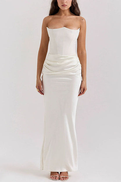 Strapless Ruched Satin Splice Bodycon Maxi Dress