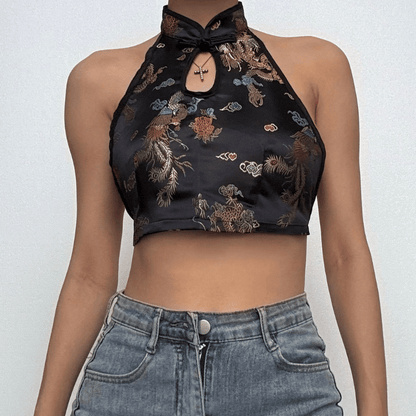 Halter hollow out dragon embroidery crop cut out top