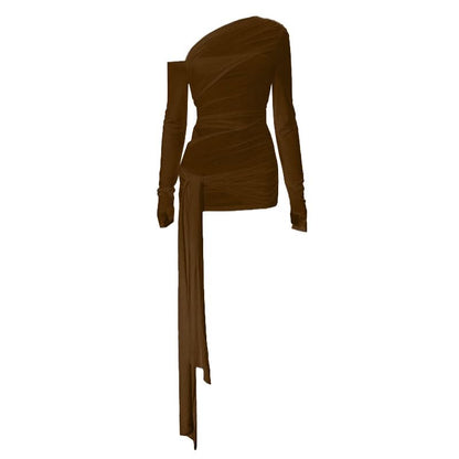 One shoulder long sleeve ruched hollow out knotted cut out top