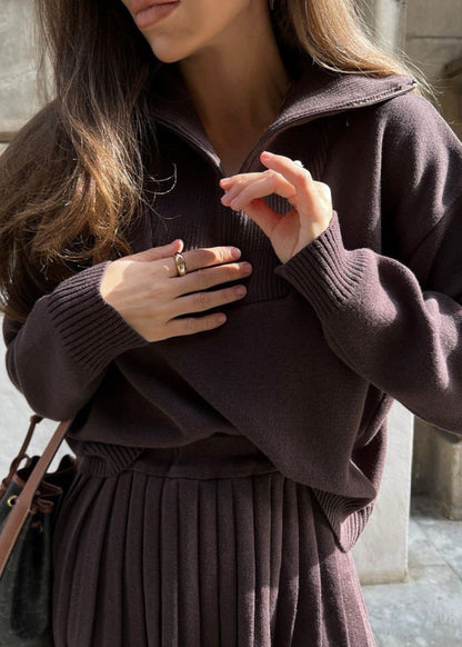 Noelle - Ribbed Knit Zip Sweater & Pleated Skirt Set