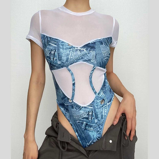 Short sleeve denim print contrast crewneck bodysuit-final-sale