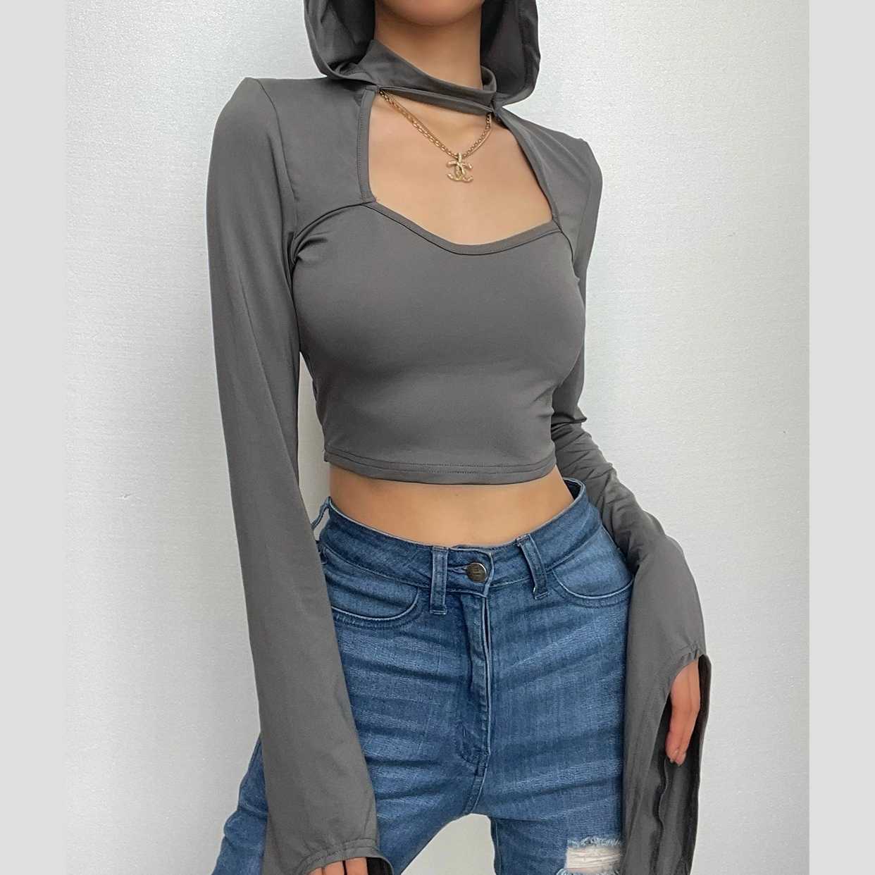 Flared sleeve hoodie u neck solid crop top