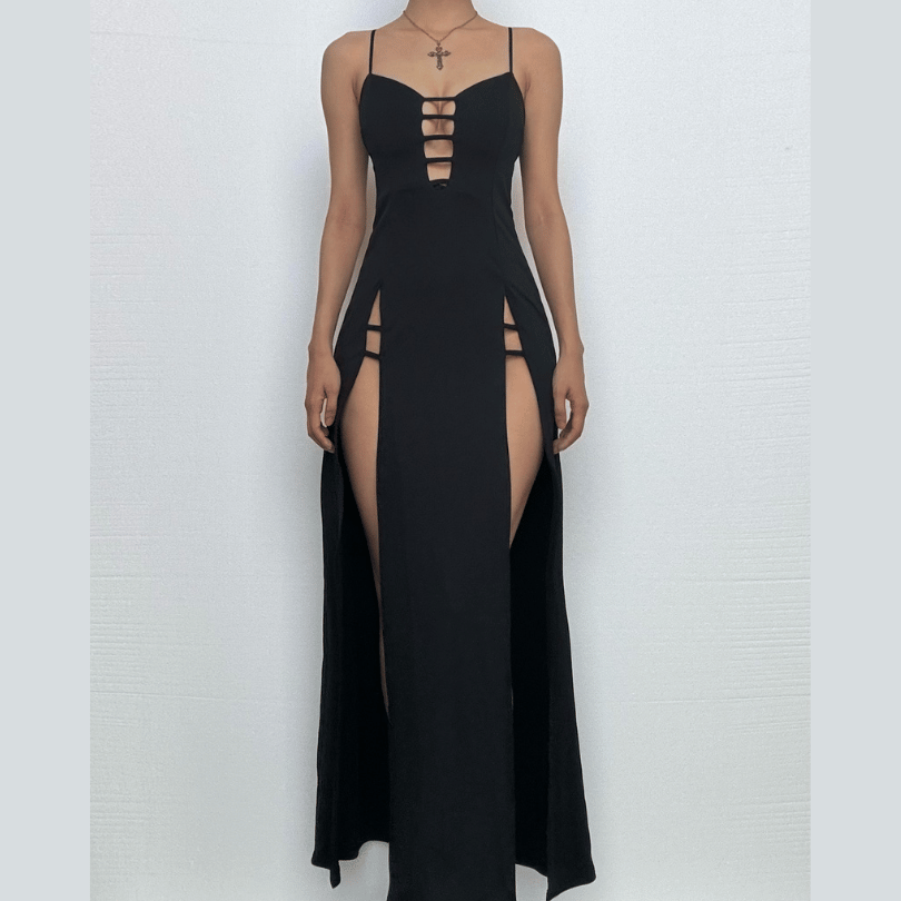 Hollow out high slit backless cami cut out maxi dress