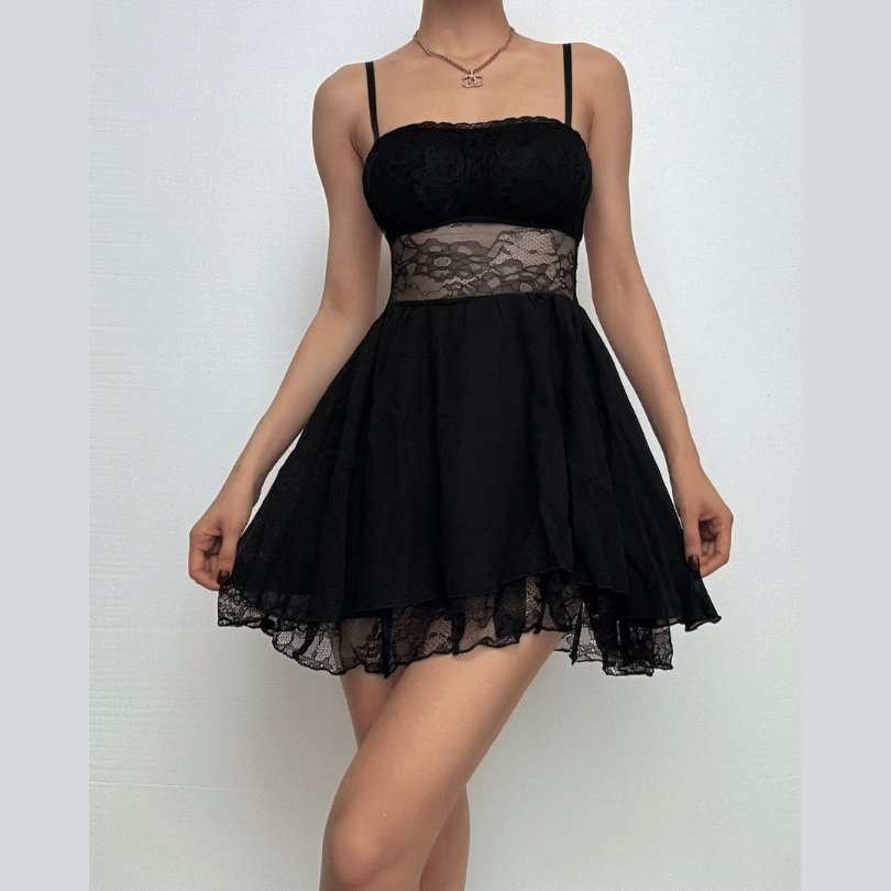 Patchwork lace ruched backless cami mini dress