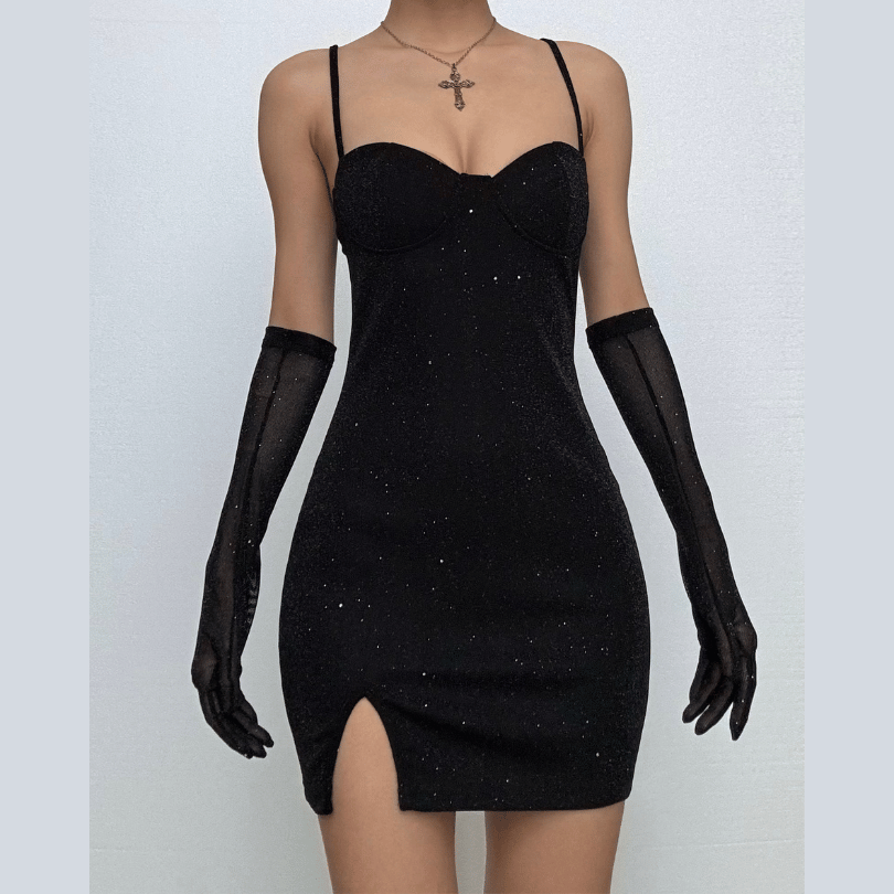 Gloves solid beaded slit sweetheart neck cami mini dress