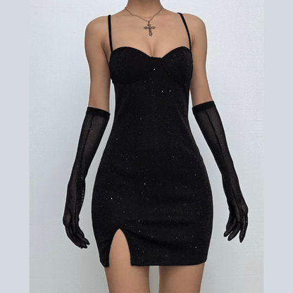 Gloves solid beaded slit sweetheart neck cami mini dress