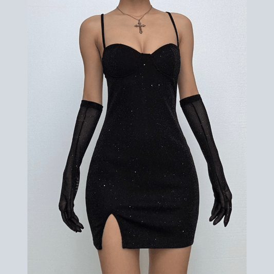 Gloves solid beaded slit sweetheart neck cami mini dress