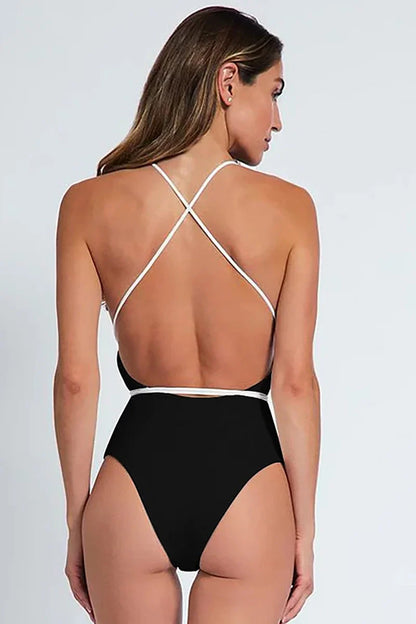 Halter Solid Color Floral Embellished Swimsuit