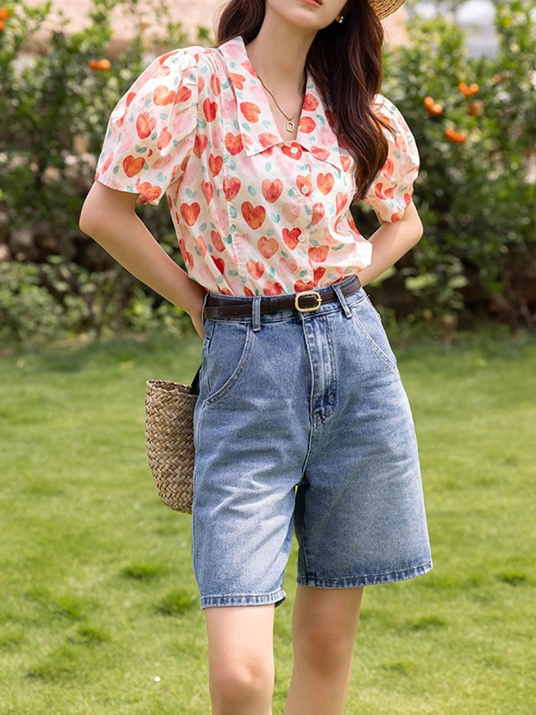 Camila Retro Polo Neck Puff Sleeve Floral Top