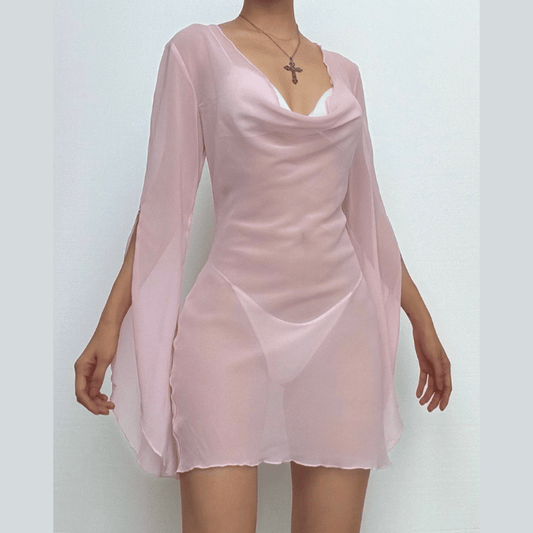 Cowl neck long sleeve backless chiffon mini dress