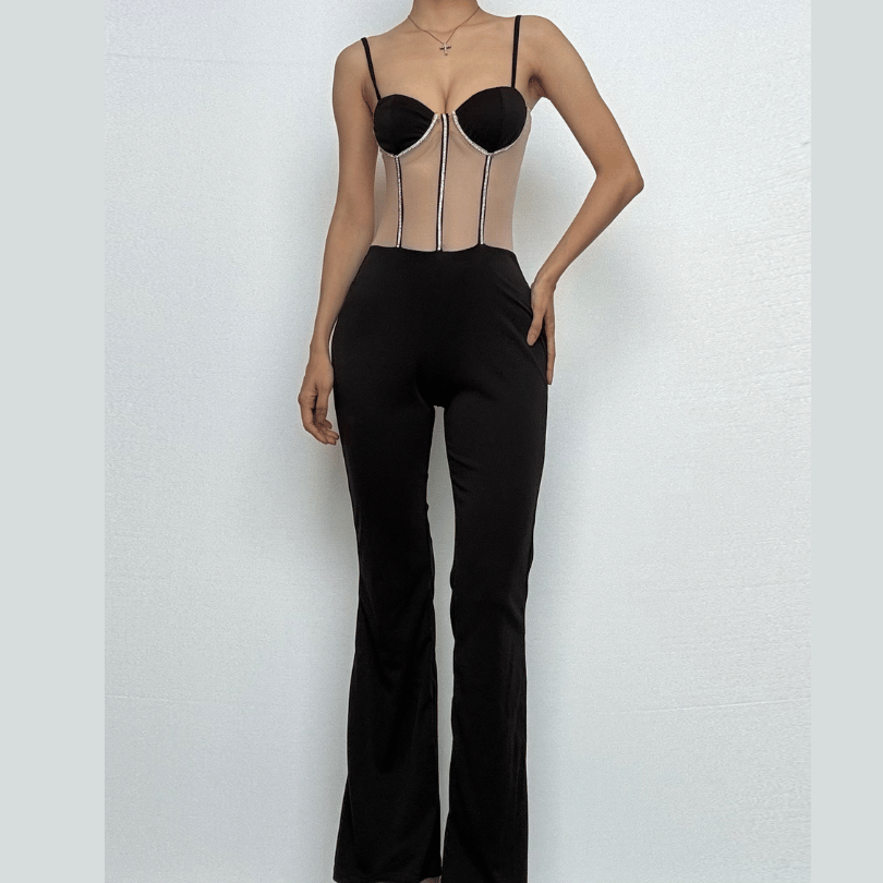 Beaded mesh patchwork cami jumpsuit