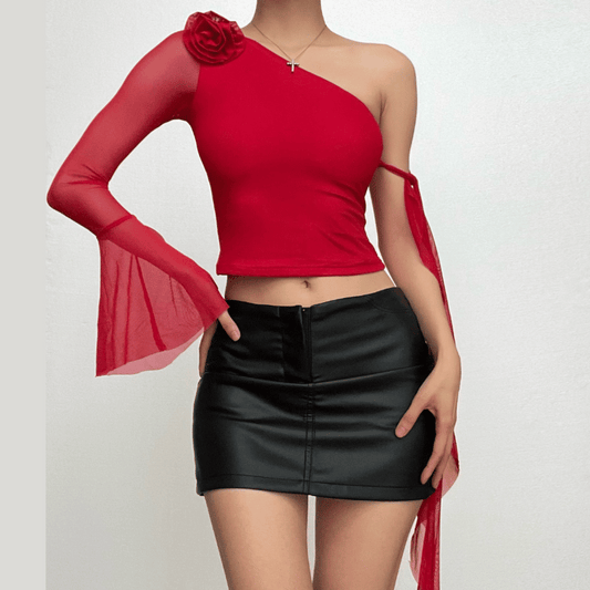 Long flared sleeve one shoulder mesh flower applique backless top
