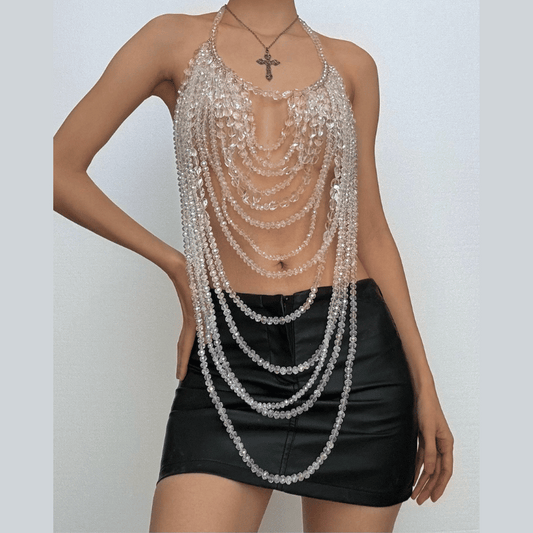 Halter beaded hollow out backless cut out top
