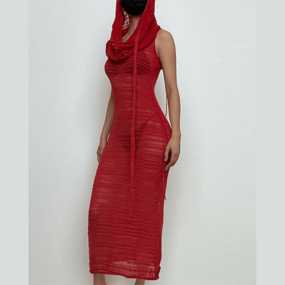 Crochet solid hoodie sleeveless see through maxi dress-final-sale
