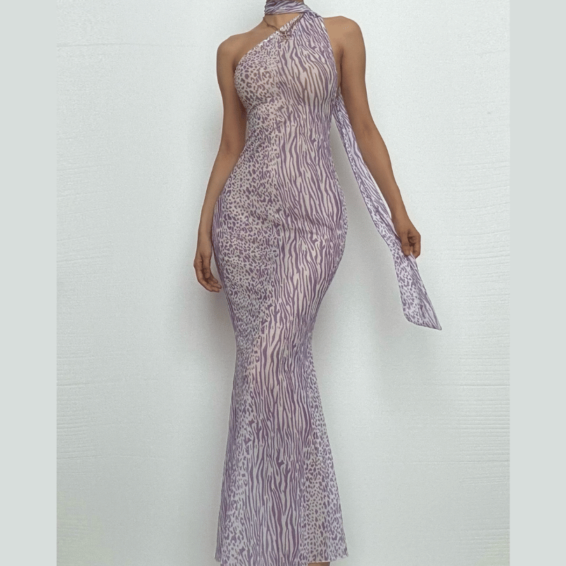 Halter one shoulder leopard print sheer mesh maxi dress
