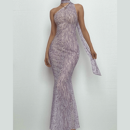 Halter one shoulder leopard print sheer mesh maxi dress