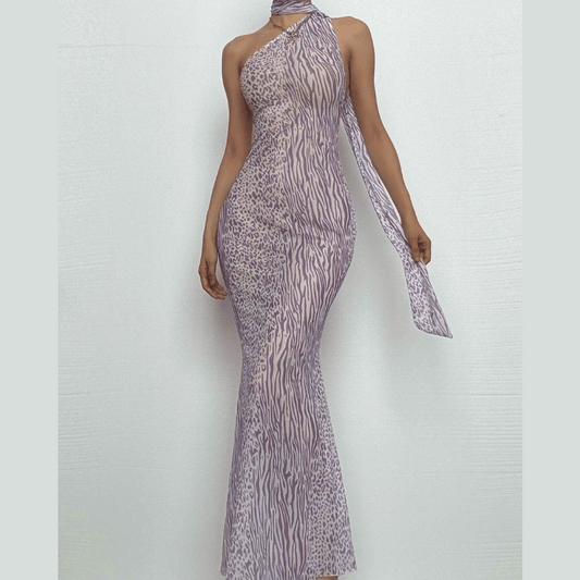 Halter one shoulder leopard print sheer mesh maxi dress
