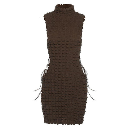 Sleeveless high neck lace up side mini dress