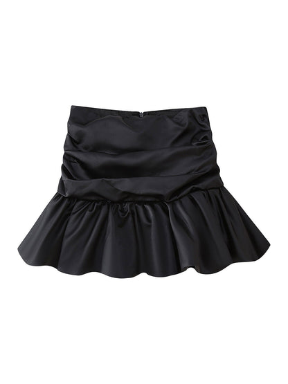 Pleated Ruffle Satin Ruched Short Skirt