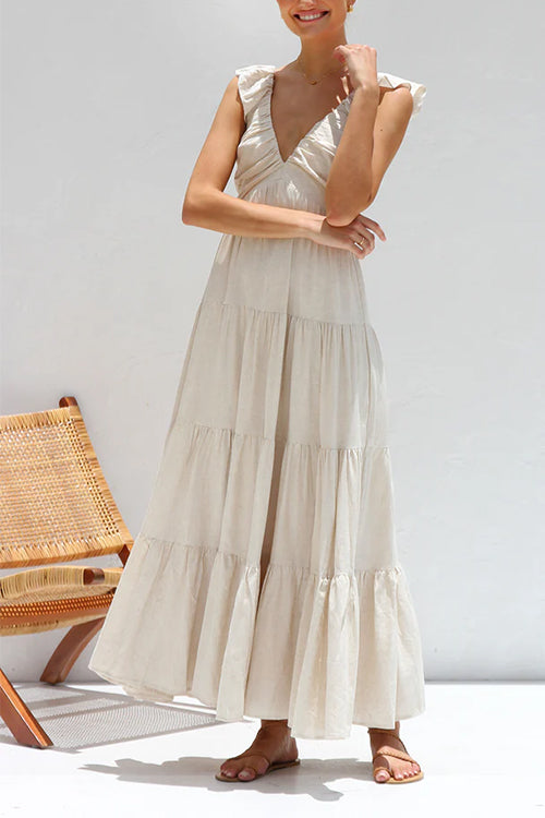 Plunging V-Neck Ruffle Strap Tiered Empire Waist Maxi Dress