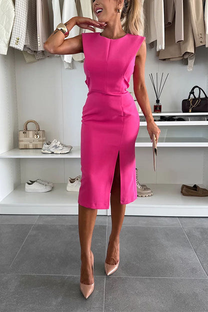 Crewneck Sleeveless Slit Bodycon Midi Dress