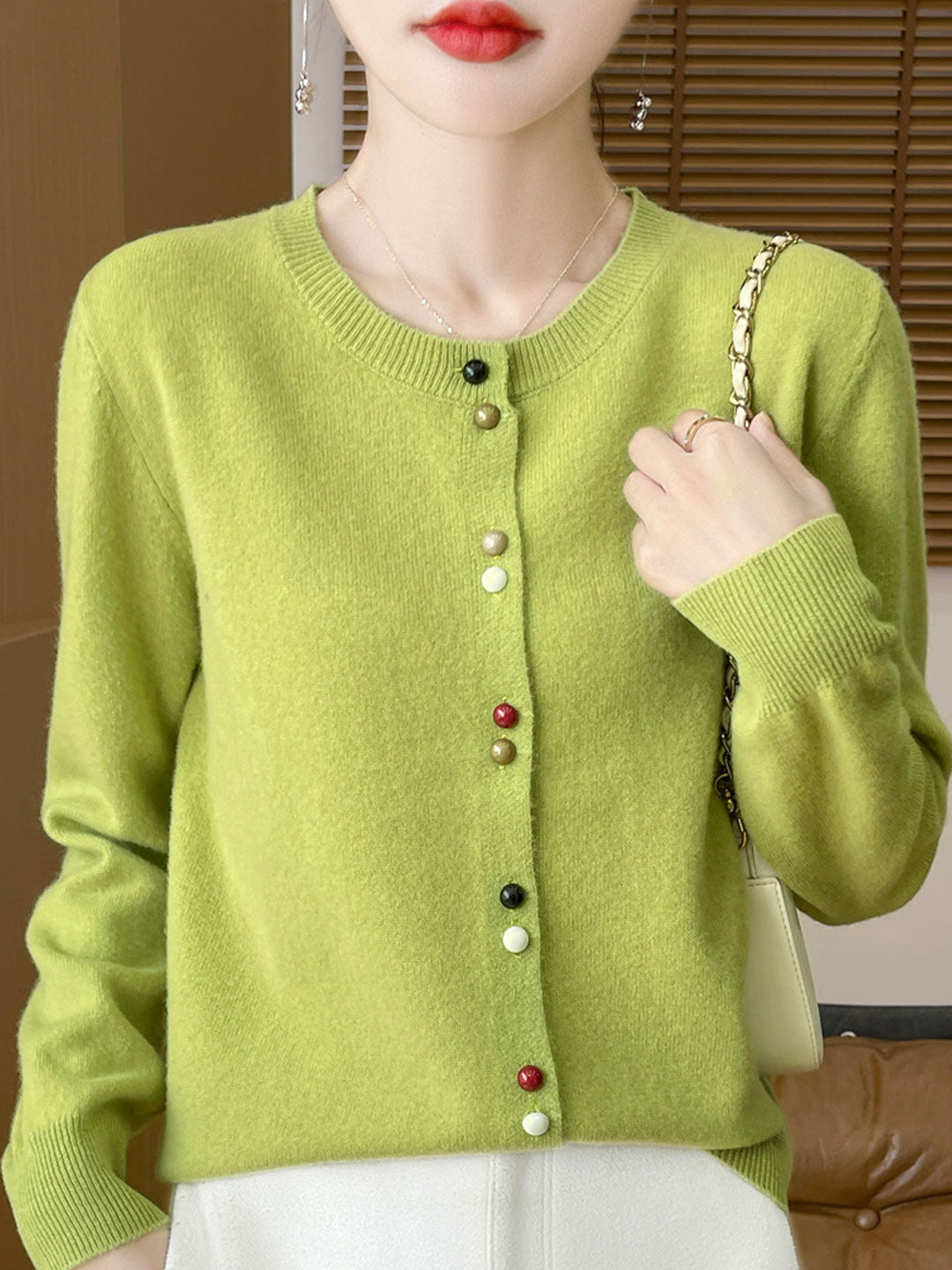 Mya Loose Crew Neck Solid Color Knitted Cardigan-Red