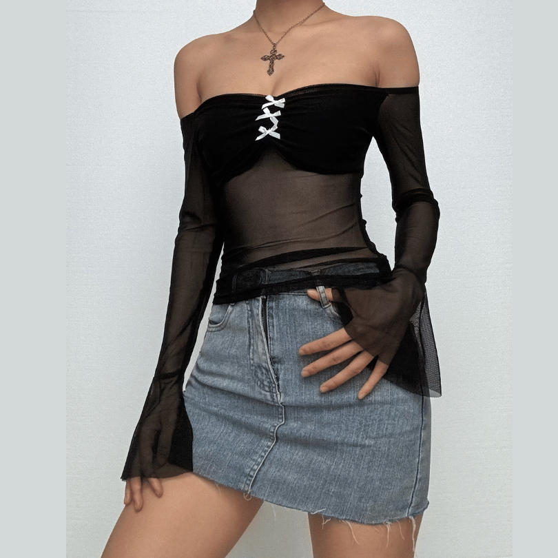 Bowknot long flared sleeve off shoulder mesh ruched top