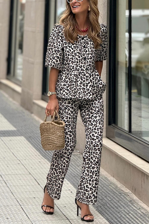 Half Sleeves Button Up Ruffle Shirt and Straight Leg Pants Leopard Set