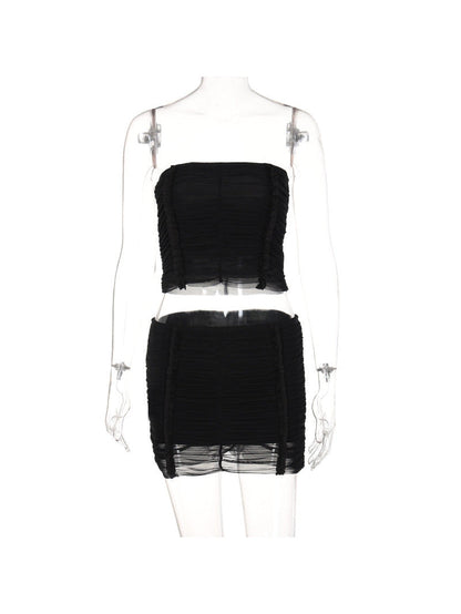 Tube Top Mesh Splicing Skirt Coord Set