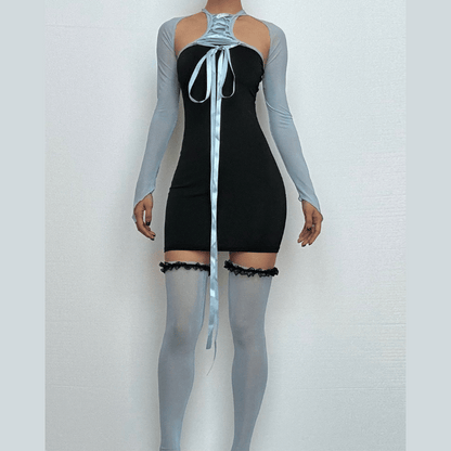 Shrug mesh long sleeve button 3 piece mini dress