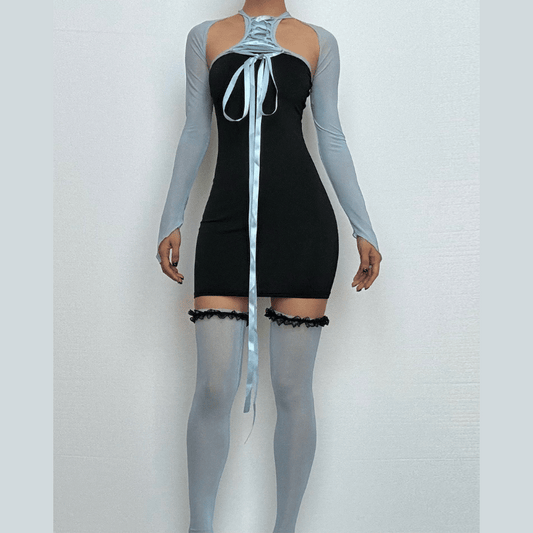 Shrug mesh long sleeve button 3 piece mini dress