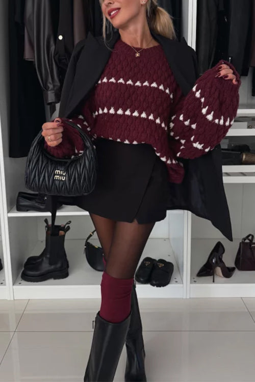 Lantern Sleeves Color Block Chunky Knit Sweater